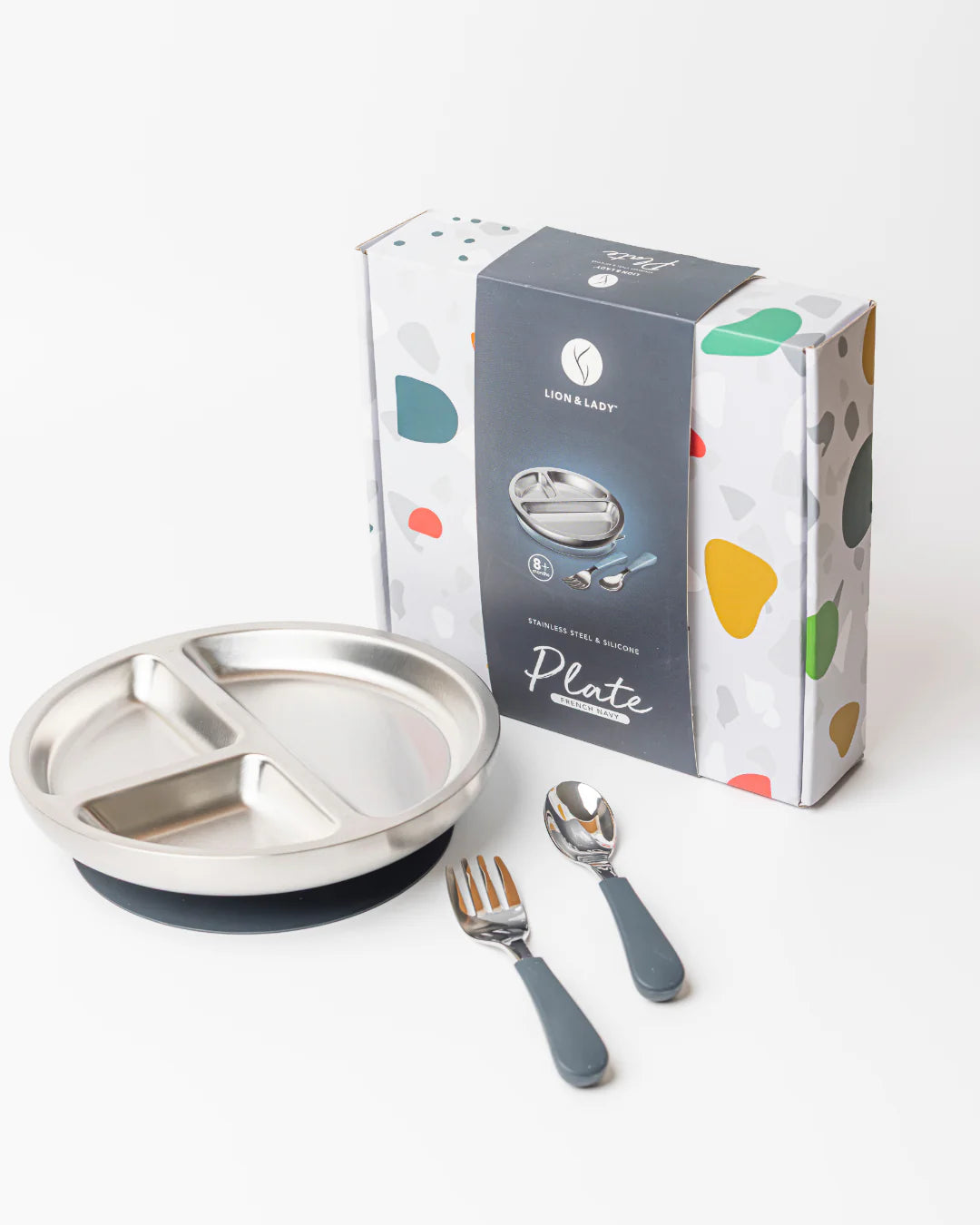 LION & LADY | Stainless Toddler Plate w/Suction Base, Spoon & Fork