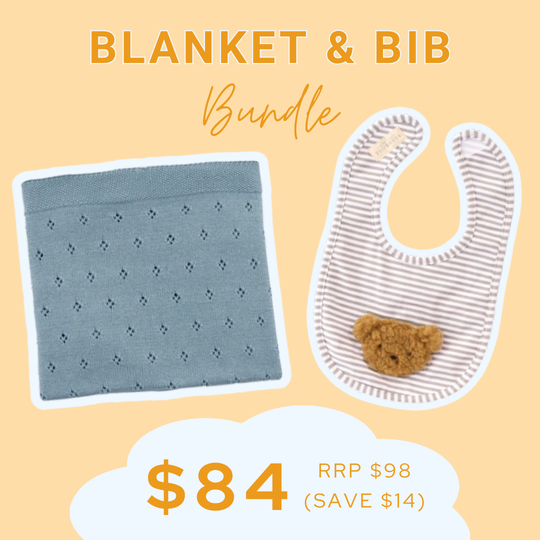 BUNDLE | Blanket & Bib | Blue Pointelle & Bear