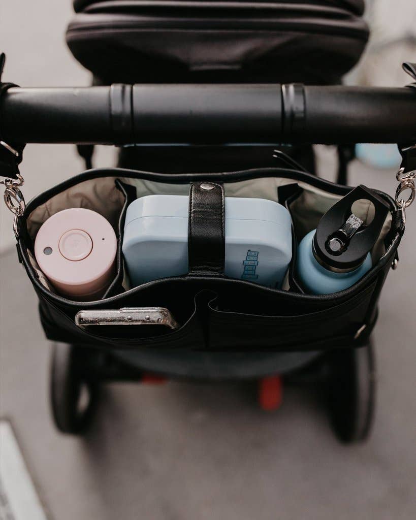 OIOI | Signature Pram Caddy | Black Dimple Vegan Leather