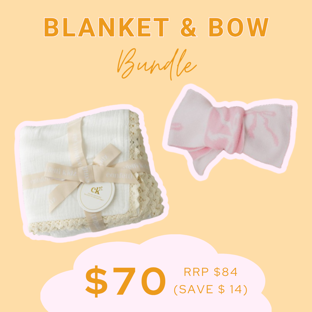 BUNDLE | Blanket & Topknot | White & Knitted Pink Bows